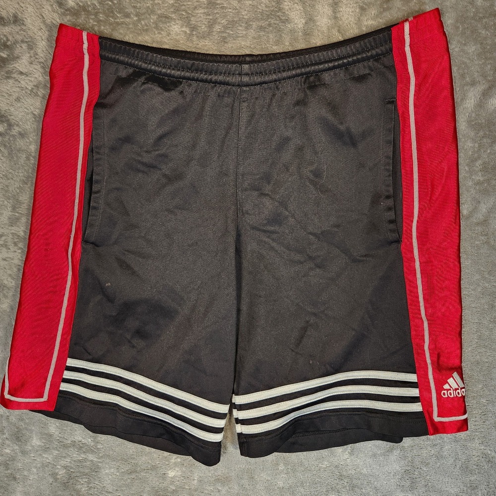 Adidas Basketball Shorts Mens Large Black Red Excellent 3 Stripe Athletic AZB001